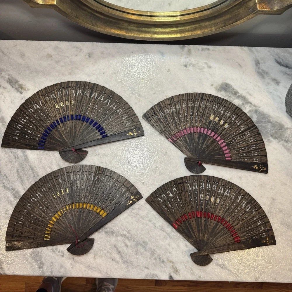Set of 4 Balinese Hand Carved Wooden Folding‎ Fans Vintage Bali Decor Multicolor